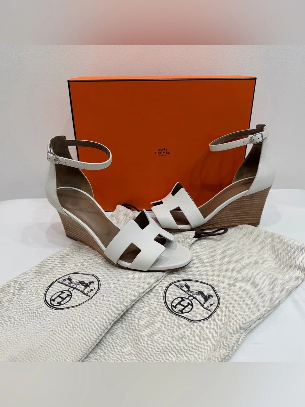 Hermes Legend Leather H Sandal Wedges - White Calfskin - Size 37 US 6.5